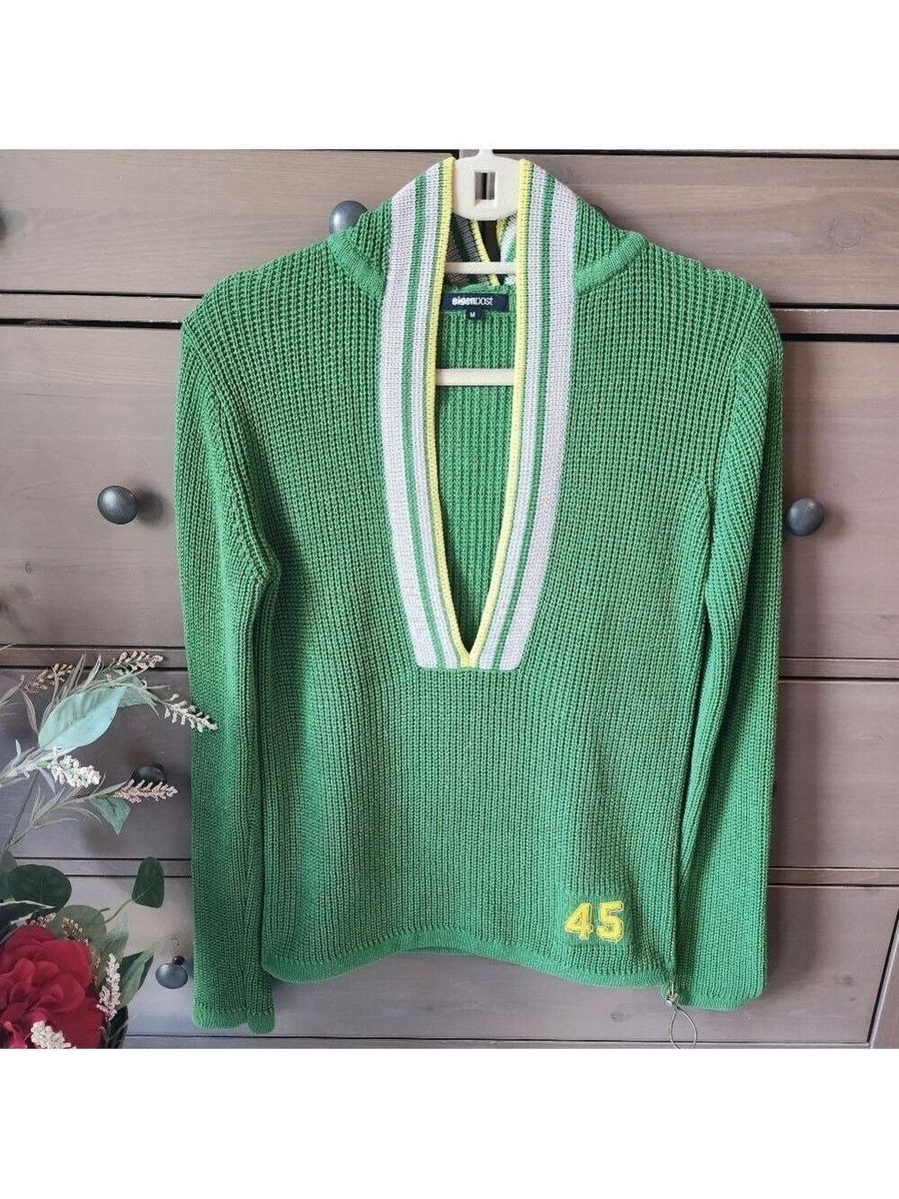 Green Knit Sweater with a Deep Striped V-neck And Hood